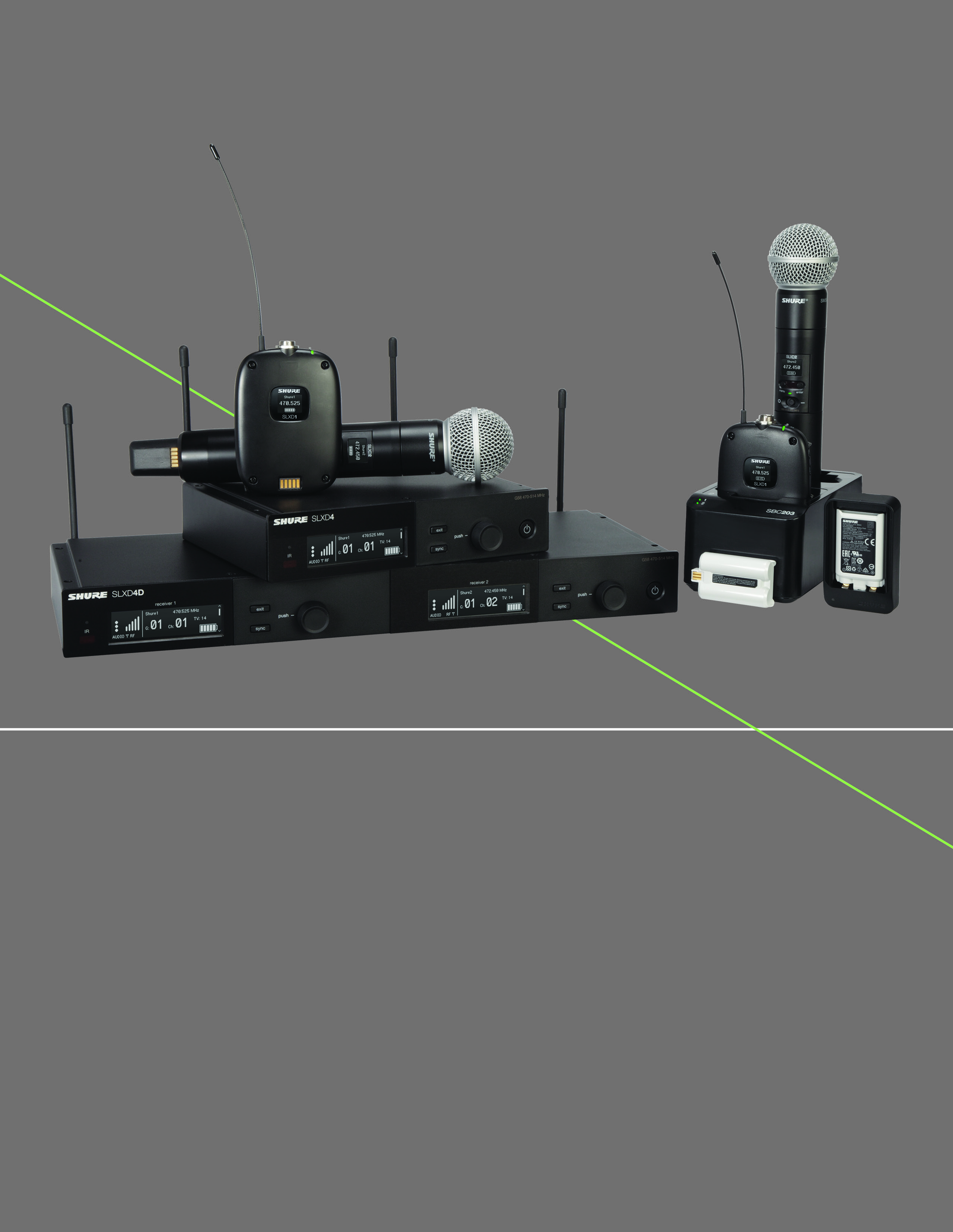 Shure SLX-D 시리즈의 송수신기와 액세서리 구성 예시