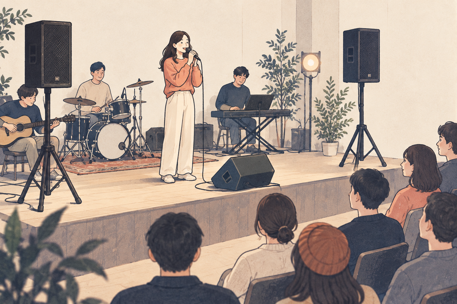 객석을 향한 메인 스피커와 가수를 향한 바닥 모니터 스피커가 놓인 공연 현장 일러스트